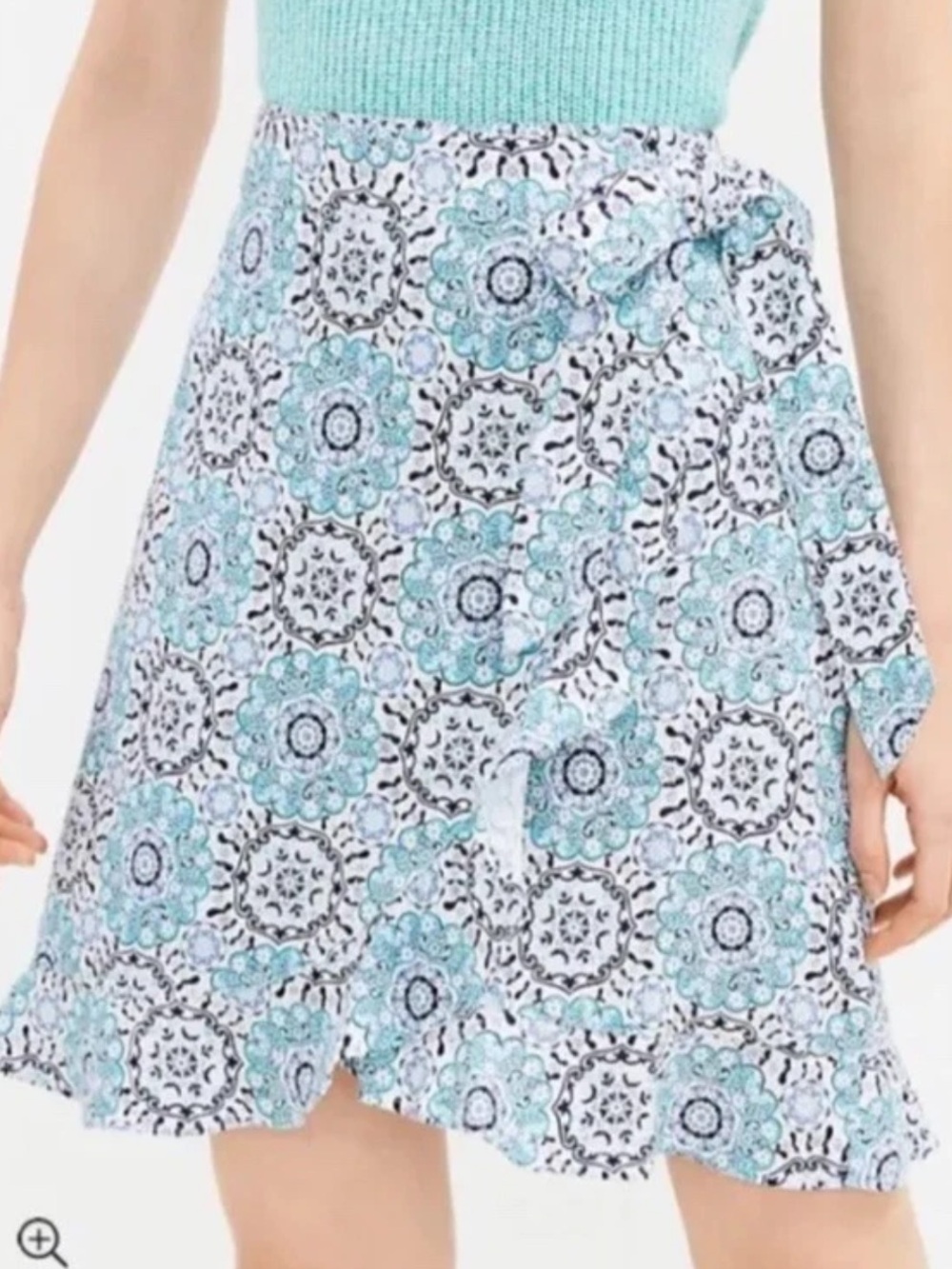 LOFT Teal and Blue Floral Medallion Linen Blend Ruffle Wrap Skirt Women Size 14